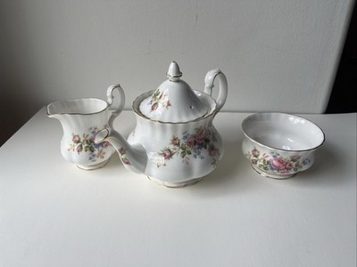 1956 Royal Albert England Moss Rose Small Teapot Creamer Pitcher & Sugar Bowl