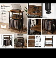 3 Tier Record Player Stand w/ Charging Station Vinyl Storage / Holds 100 Albums