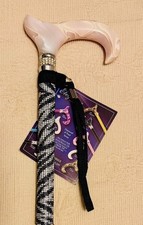 Ladies White Pearl Handle Black Shaft with Zebra Rhinestones Bling Walking Cane