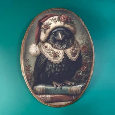 CHRISTMAS CROW WOODEN DECOR, Holiday Wood Plaque, Fantasy Santa Hat Raven Art