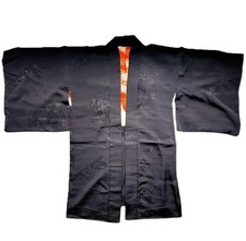 Japanese Silk Haori Kimono Jacket - Black Silk with Flower Pattern, New