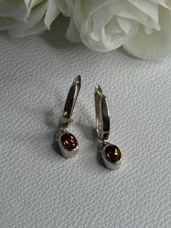 925 Sterling Silver Hessonite Earrings Length 1 Inch - Image 4 of 4