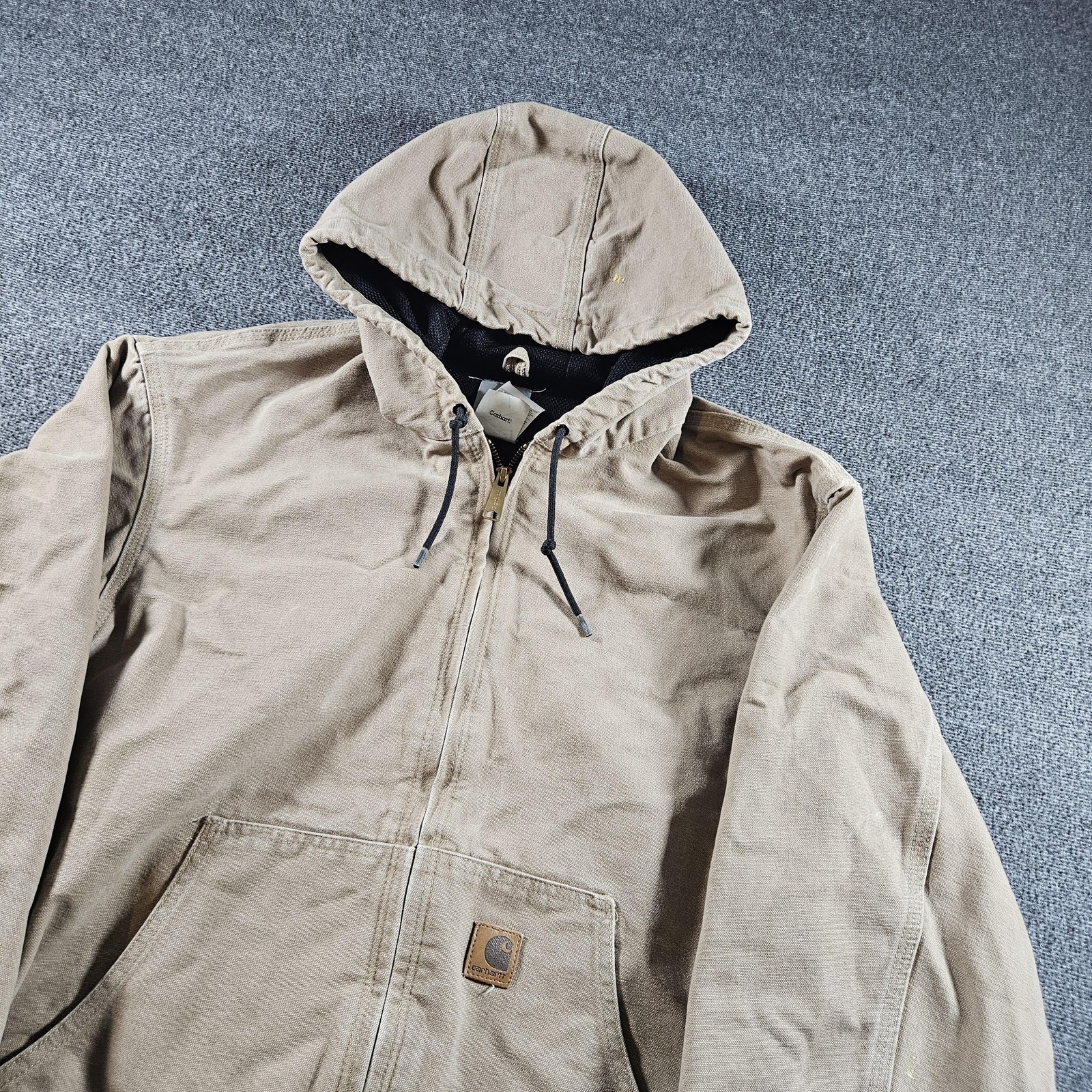 Carhartt Jacket Mens XL Beige Hooded Canvas Lined Insulated Work Bomber J25 SDL