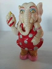 Vtg 1983 Lucky White Elephant Coin Bank, Polka Dot Dress Small World Import 6.5"