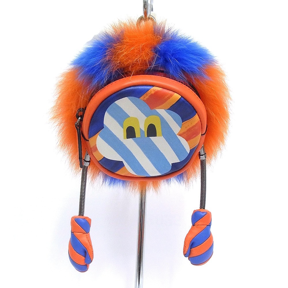 Fendi Pouch Key Holder Bag Charm 7AR549 Orange Blue Used Grade A
