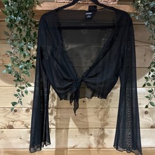 Monki Black Sheer Mesh Tie Front Top Size Large