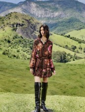 Farm Rio Black Chenille Flowers Belted Long Sleeve Mini Dress Size Small NWOT