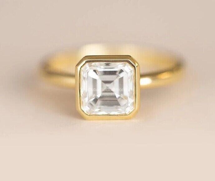 14K Yellow Gold 2.00Ct Asscher Cut Lab-Grown Diamond Solitaire Bezel Set Ring