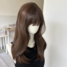 Straight Costume Wig With Bangs Heat Resistant Hair Mixed Brown Soft
