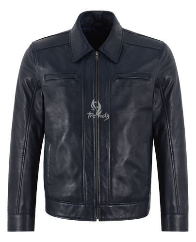 Men's Style Classic Collared Navy Leather Jacket Casual Street Inspired Jacket - Picture 6 of 8