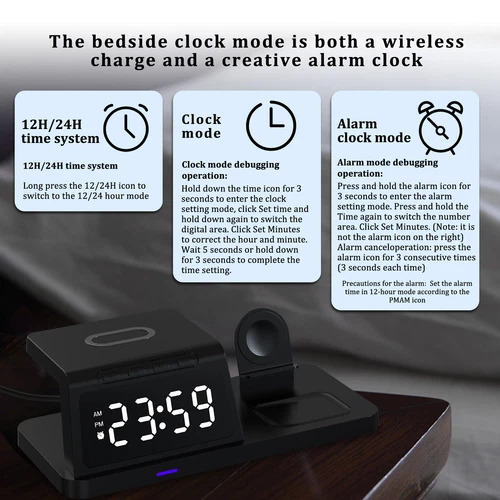 4in1 Alarm clock with Fast Wireless Charger Station Dock For Apple Watch iPhone - Picture 6 of 14