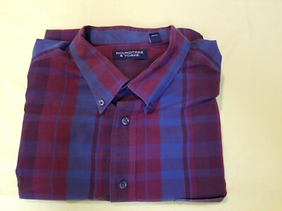 Roundtree & Yorke Men's Dress Shirt 4XT Slate, Burgundy Plaid LS Button Down