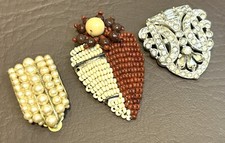 Lot of 3 Fur Dress Clips Antique 1 Signed Czech Faux Pearl Rhinestone Vintage