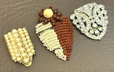 Lot of 3 Fur Dress Clips Antique 1 Signed Czech Faux Pearl Rhinestone Vintage