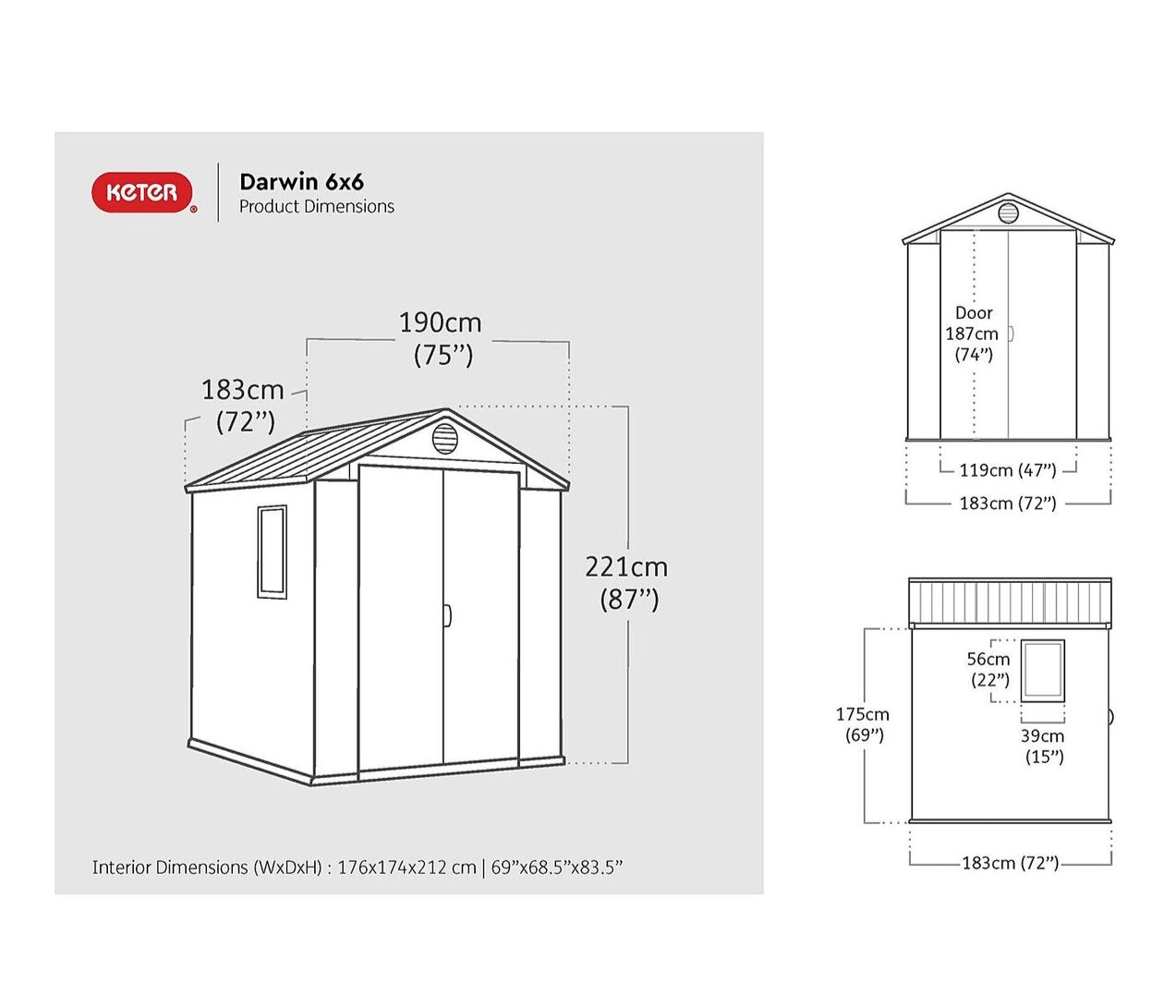 Keter Darwin Outdoor Apex Double Door Garden Storage Shed 6ft x 6ft In