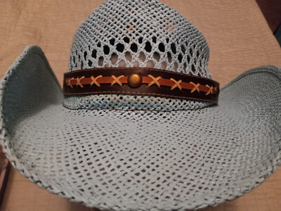 Women's Med Gonzalez 1976 Baby Blue Straw Weave Cowboy Hat W/ Leather Band Deco