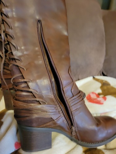 Candies Cacongo Brown Knee High Boots Size 8.5 Back Lace Up Side Zipper - Picture 3 of 6