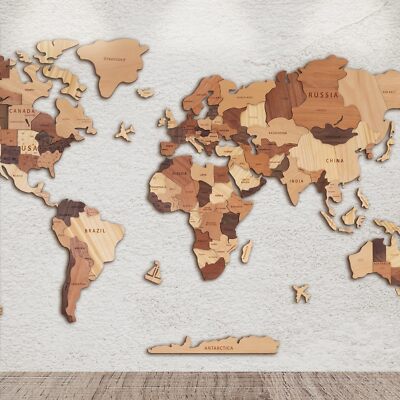 3D Wooden World Map Wall Art Multilayer Wood Travel Decor for Home or Office