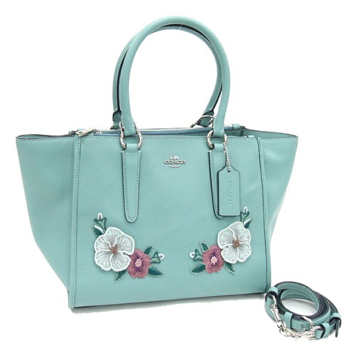 Coach 2WAY Handbag F28942 Light Blue Green Leather Used Flower Light Blue
