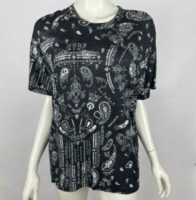IRO Nkome Printed Linen Tee Shirt Short Sleeve Round Neck Black Women S NWT $215