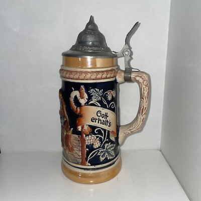 Vintage German Lidded Stein Hopfen Und Malz  Gott erhalt's  Made in West Germany