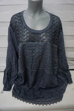 Damen Shirt Tunika Bluse  Gr.  50-52-54 Blau Spitze Stickerei Langarm