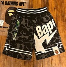 A Bathing Ape BAPE Black/Gray Camo Cotton Fleece Drawstring Shorts 7"