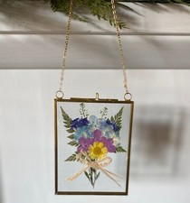 Handmade pressed real dried flowers in brass double glass floating frame