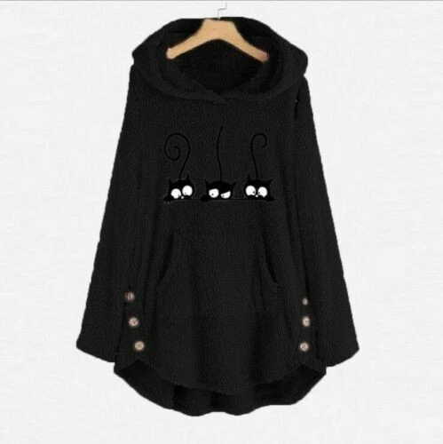 Sweater Warm Fleece Plus Size Button Cat Embroidery Blouse Tops Womens Hoodie - Image 4 of 4