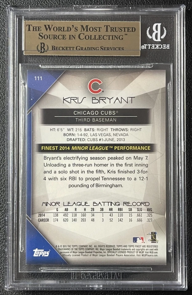 KRIS BRYANT BGS 9.5 2016 TOPPS FINEST #110 ROOKIE RED REFRACTOR RC 2/5 CUBS - Image 2 of 2