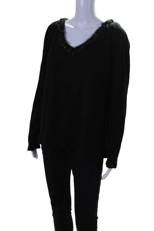 Suéter feminino Pamela Dennis gola V manga comprida enfeite de miçangas preto tamanho XL - Imagem 2 de 4