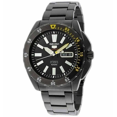 New Seiko 5 SRP363K1 Sports Automatic Black Yellow 24 Jewels Mens Watch SRP363
