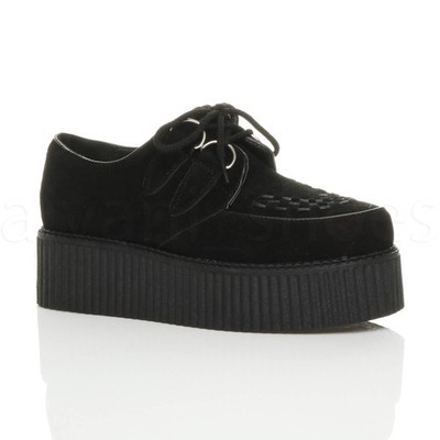 DAMEN FLACH DOPPEL PLATEAU KEILABSATZ ZUM SCHNÜREN PUNK GOTH CREEPERS SCHUHE GRÖSSE