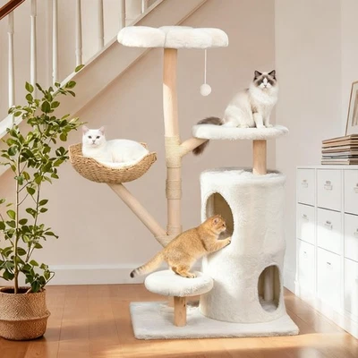 BINGOPAW Kratzbaum Katzenbaum Kletterbaum Holz 142 cm Katzen Kratz Spiel Sisal Baum XXL