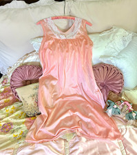 Vintage Peach Pink Babydoll Nightgown, White Lace Ruffles, Rosette Bow, Lingerie