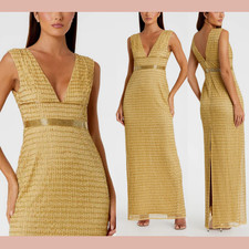 NWT $598 Mac Duggal [ 6 ] 5625 Beaded Cap Sleeve V Neck Column Gown Gold #S1224