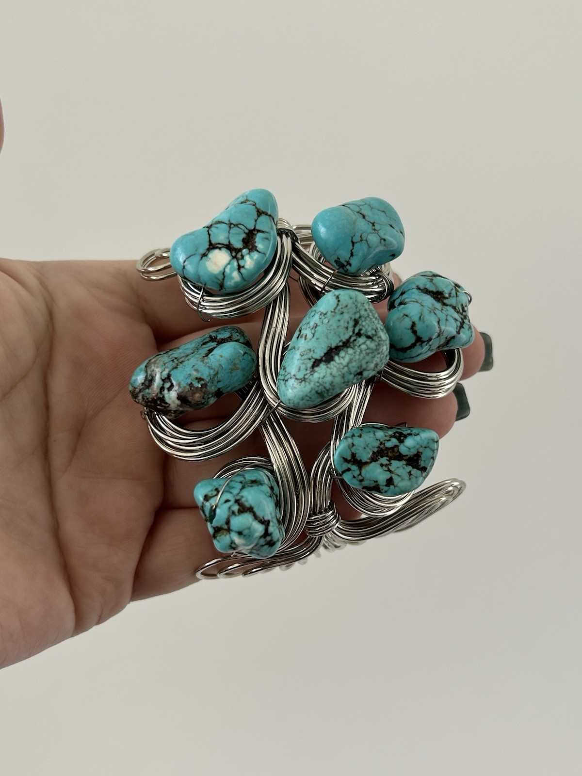 Statement Wire Cuff Bracelet Turquoise Nugget Sto… - image 9