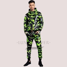 Men's Lambskin Leather Hoodie Green&Black Print Army Style Hoodie And Pant Suit