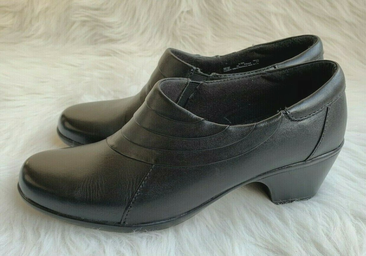 Women's Clarks Bendables Black Leather Slip On Mid Heel Shoes Sz