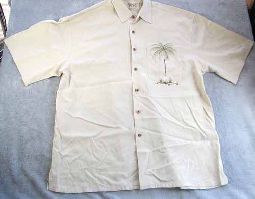 Bamboo Cay Shirt Mens L Ivory White Hawaiian Palm Tree Embroidered Aloha Camp