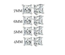 925 Sterling Silver Princess Cut Stud Earrings Cubic Zirconia Silver CZ 4 Sizes