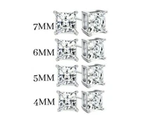 925 Sterling Silver Princess Cut Stud Earrings Cubic Zirconia Silver CZ 4 Sizes