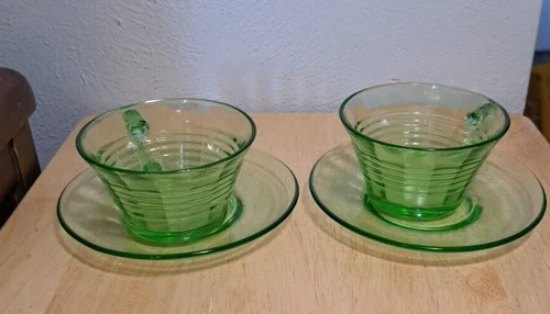 Vintage Depression Vaseline Uranium Glass Creamer & Sugar Bowl w Handles
