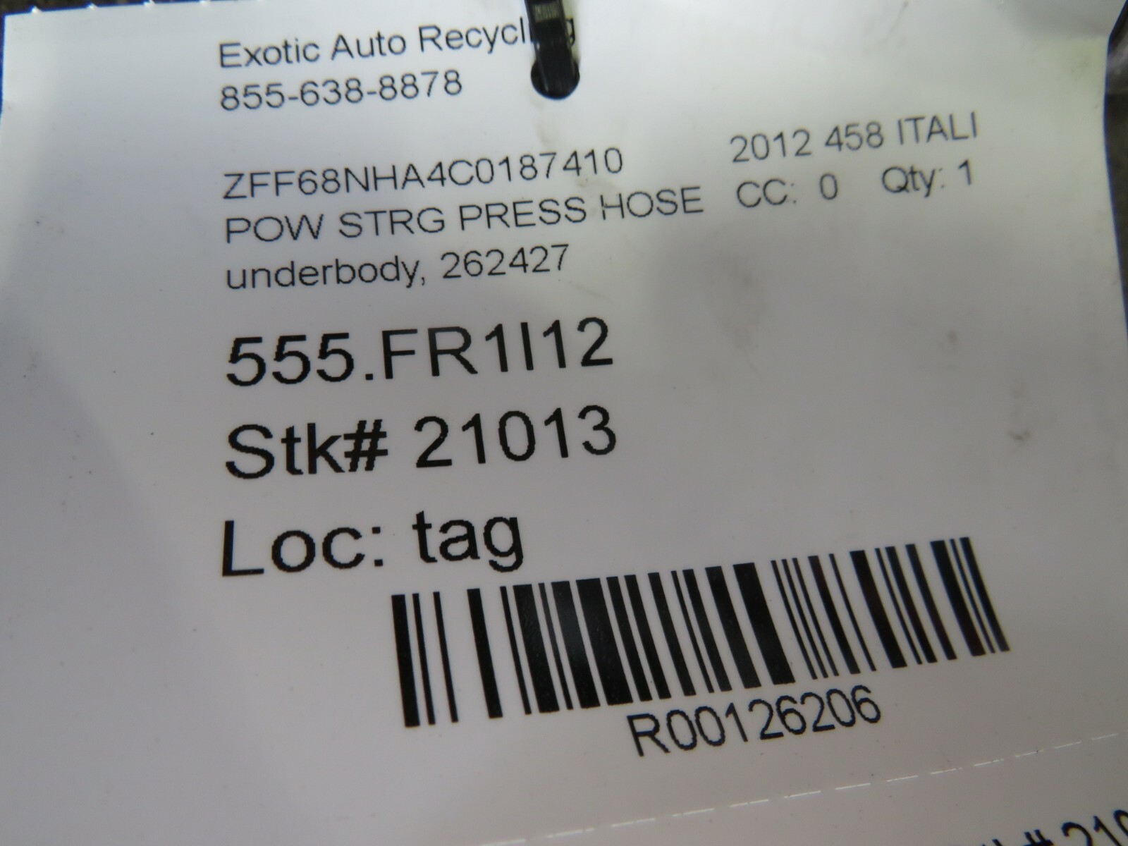 Ferrari 458 Italia, Spider, Cooler to Pump Return Line, Used, P/N 262427