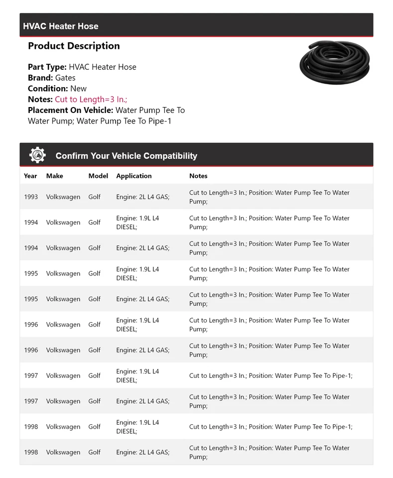 Puertas de manguera de calefacción para Volkswagen Golf 1993-1998 1994 1995 1996 1997 Foto 2 de 4