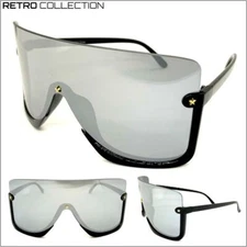 OVERSIZED 90's RETRO FACE SHIELD VISOR SUNGLASSES Huge Jumbo Big XL Black Frame