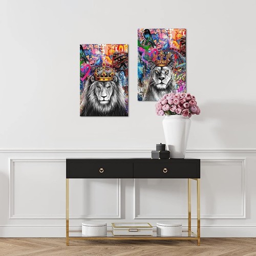 2 Pcs Lion King & Queen Crown Canvas Wall Art Set Home Decoration Free Shipping - Picture 2 of 5
