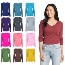 Ladies Womens V Neck Long Sleeve Plain Slim Fit Basic Top Stretchy T-Shirt 8-26