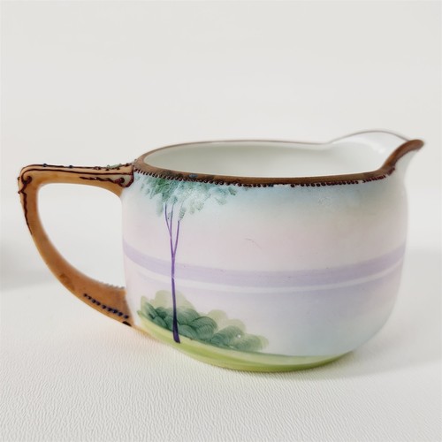 Vintage Nippon Hand Painted Creamer & Sugar Bowl w/ Lid Boat Trees - Picture 3 of 13