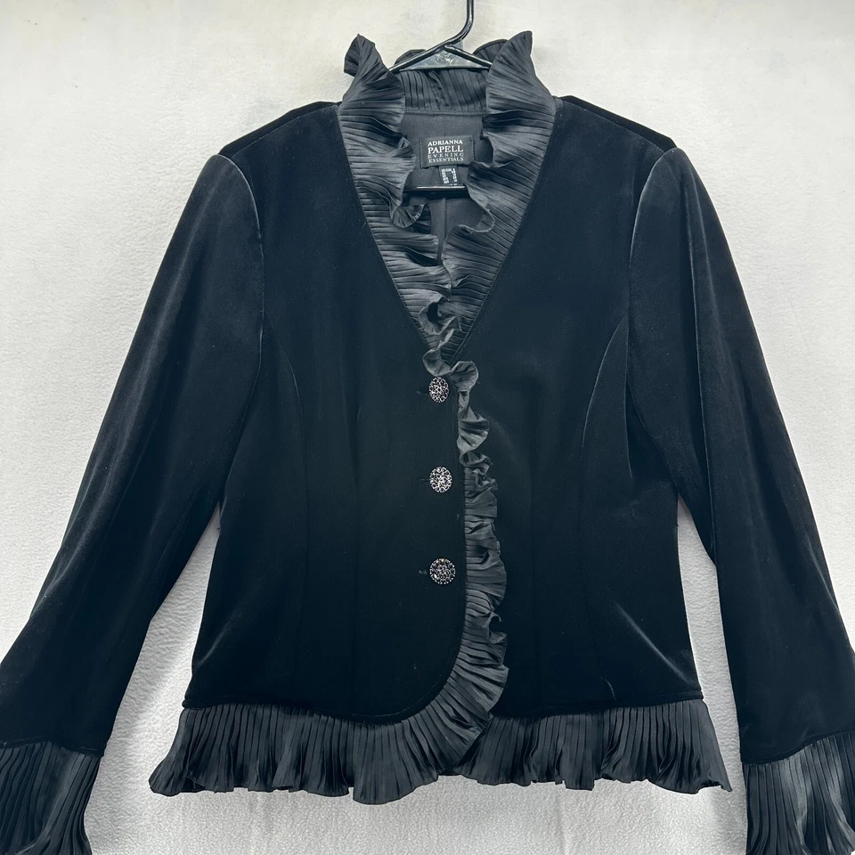 Chaqueta Adrianna Papell Evening Essentials negra para mujer talla 8 con volantes Foto 3 de 4